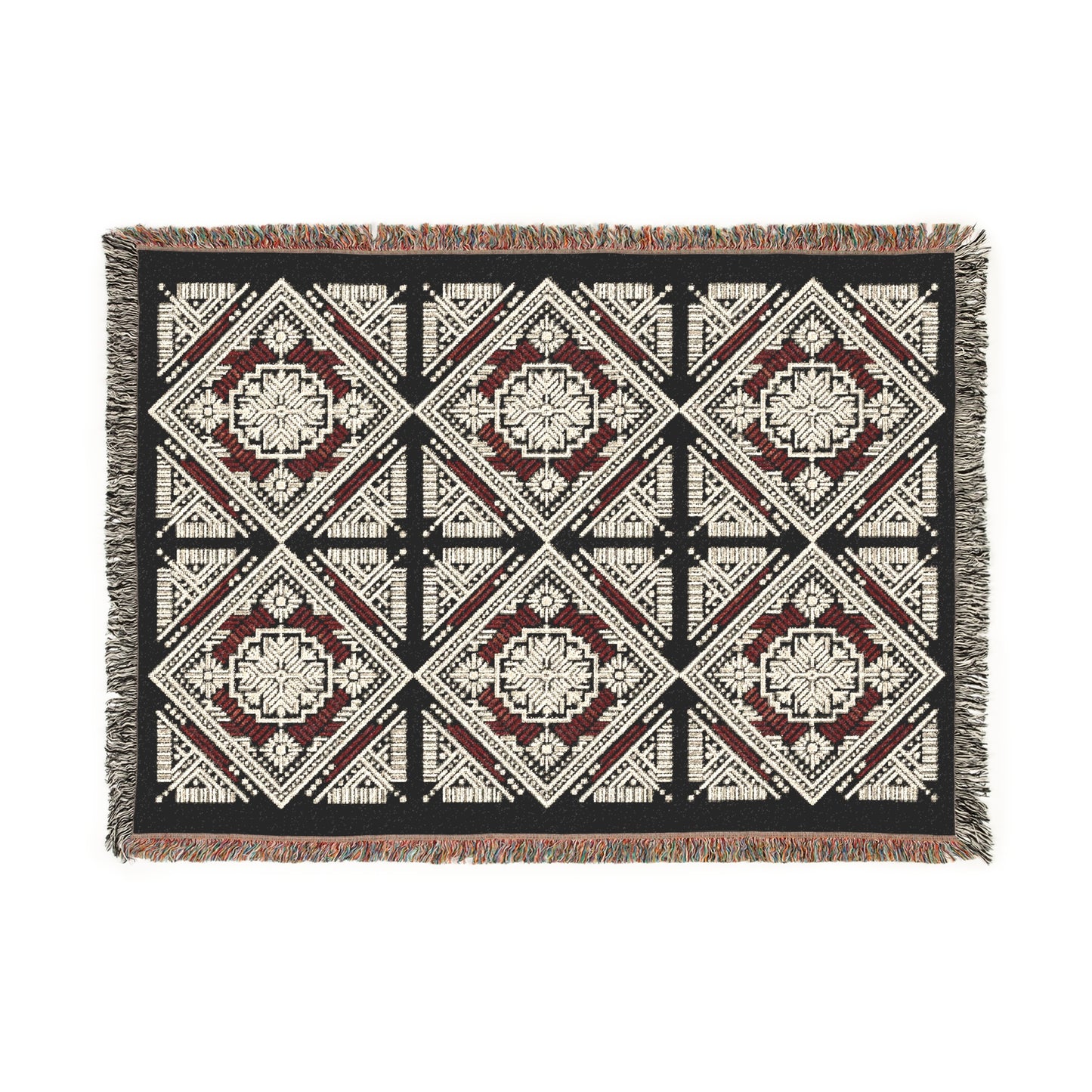 Illyrian Weave - Boho Heritage Diamond Woven Throw Blanket in Brick, Ivory & Onyx