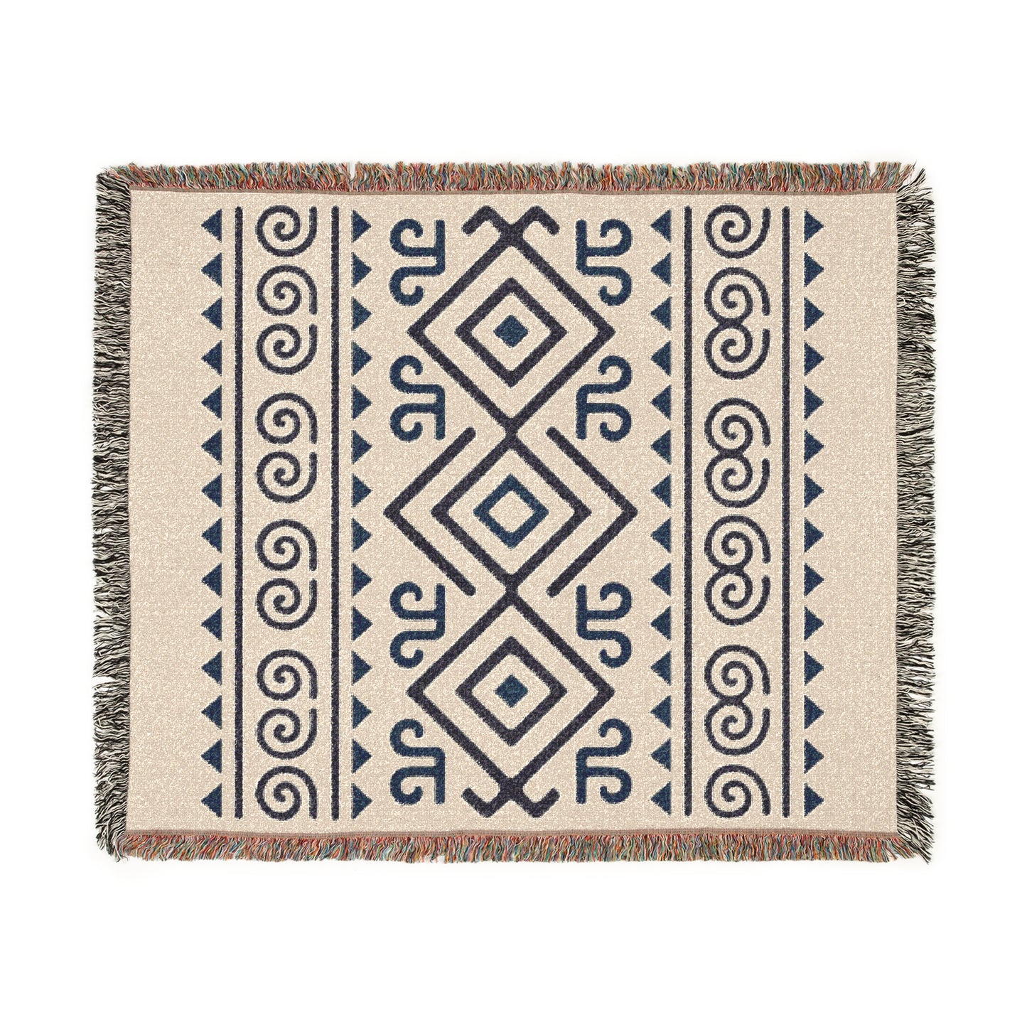 Cream & Deep Navy Boho Diamond and Spiral Woven Throw Blanket - Illyrian Weave