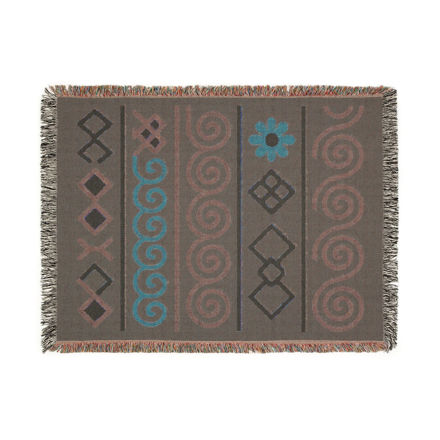 Forest Green, Teal & Sunset Boho Geometric Symbol Woven Throw Blanket - Illyrian Weave
