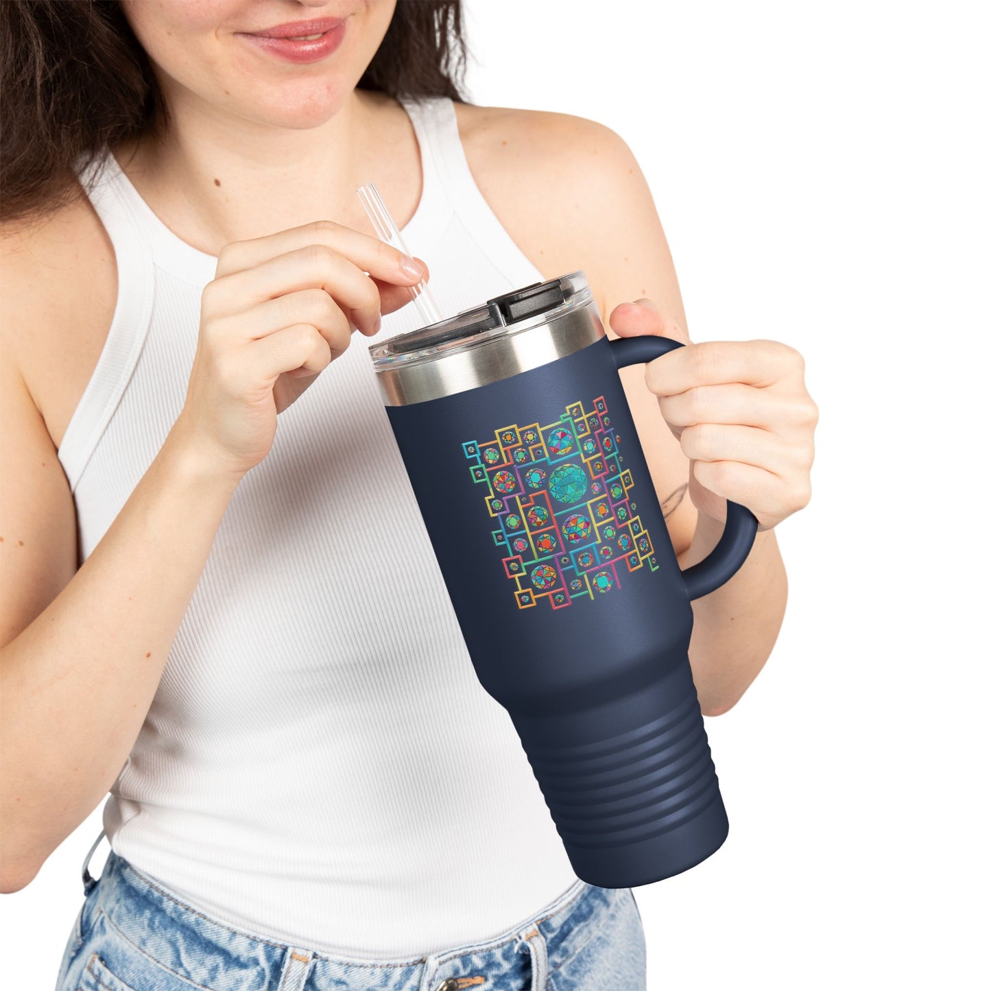 Geometric Heritage Insulated Travel Mug - Minimalist Black & White Edition