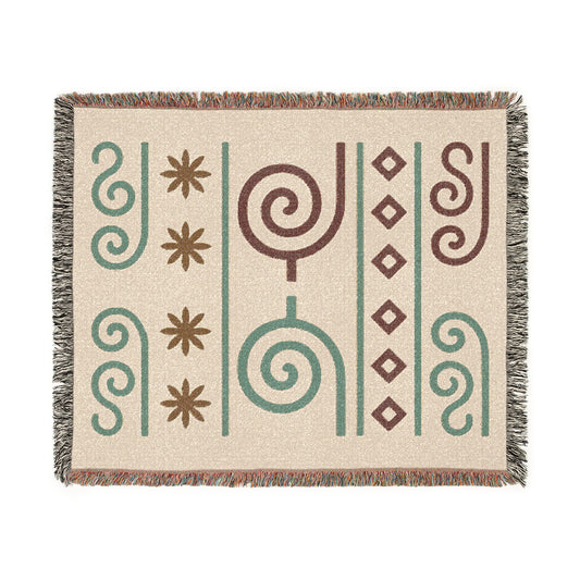 Cream, Teal and Cocoa Boho Spiral & Diamond Woven Throw Blanket - Illyrian Weave