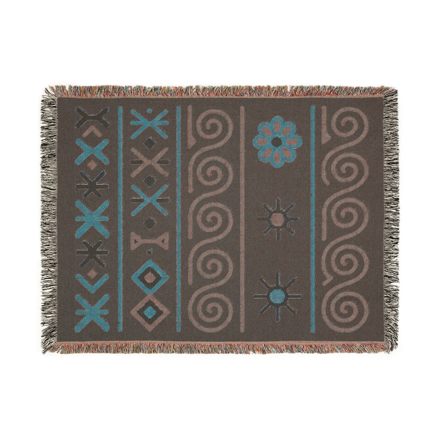 Black, Teal and Sunset Boho Sunburst Symbol Woven Throw Blanket - llyrian Weave