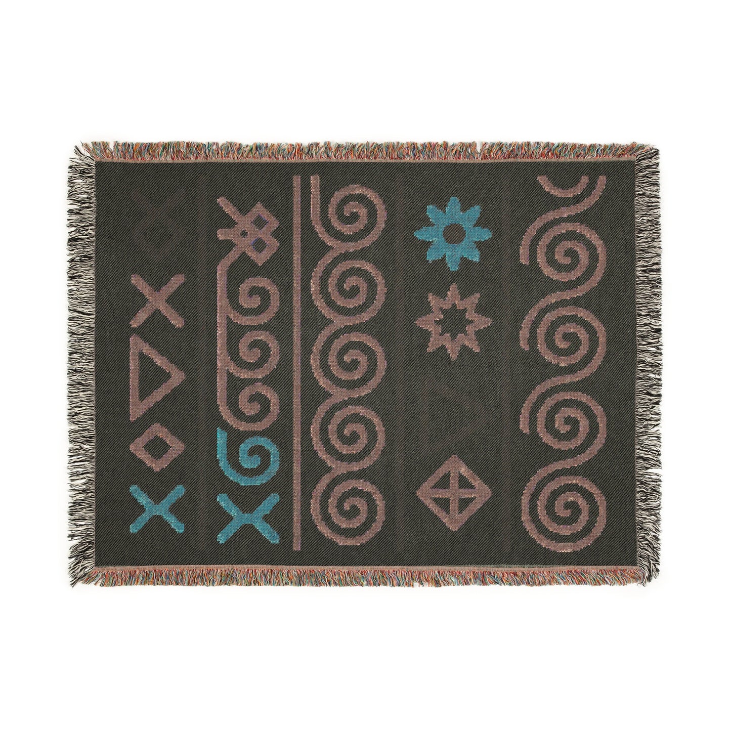 Cream, Teal & Golden Boho Tribal Symbol Woven Throw Blanket - Illyrian Weave