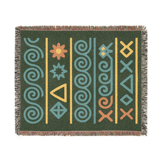 Forest Green, Teal & Golden Boho Tribal Symbol Woven Throw Blanket - Illyrian Weave