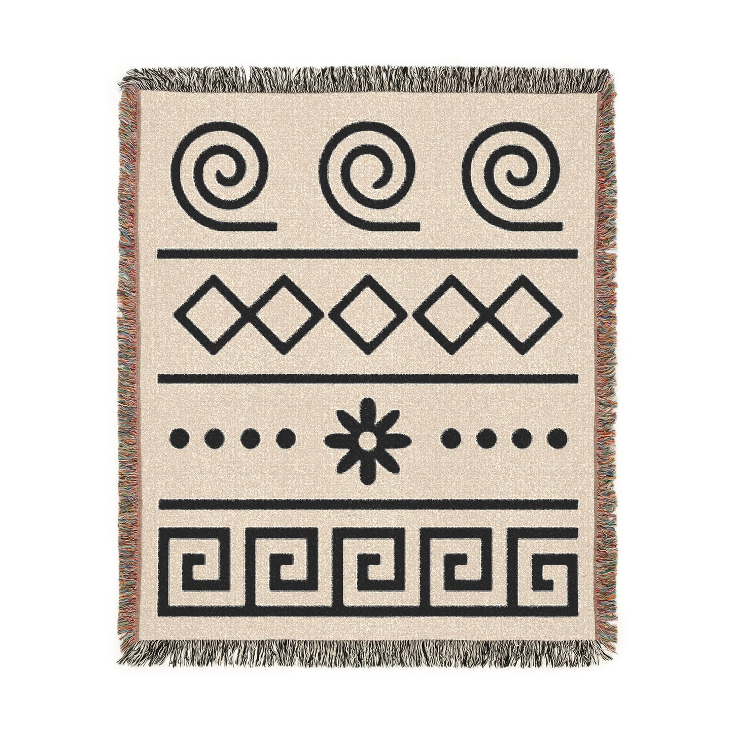 Cream & Deep Navy Boho Spiral and Floral Geometric Woven Throw Blanket - Illyrian Weave