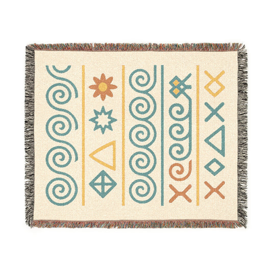 Cream, Teal & Golden Boho Tribal Symbol Woven Throw Blanket - Illyrian Weave