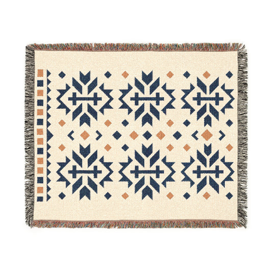 Navy, Gold & Cream Boho Folk Cross Pattern Woven Throw Blanket - Illyrian Weave