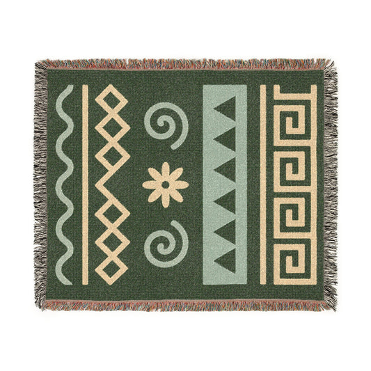 Sage Green & Soft Gold Boho Tribal Harmony Woven Throw Blanket - Illyrian Weave