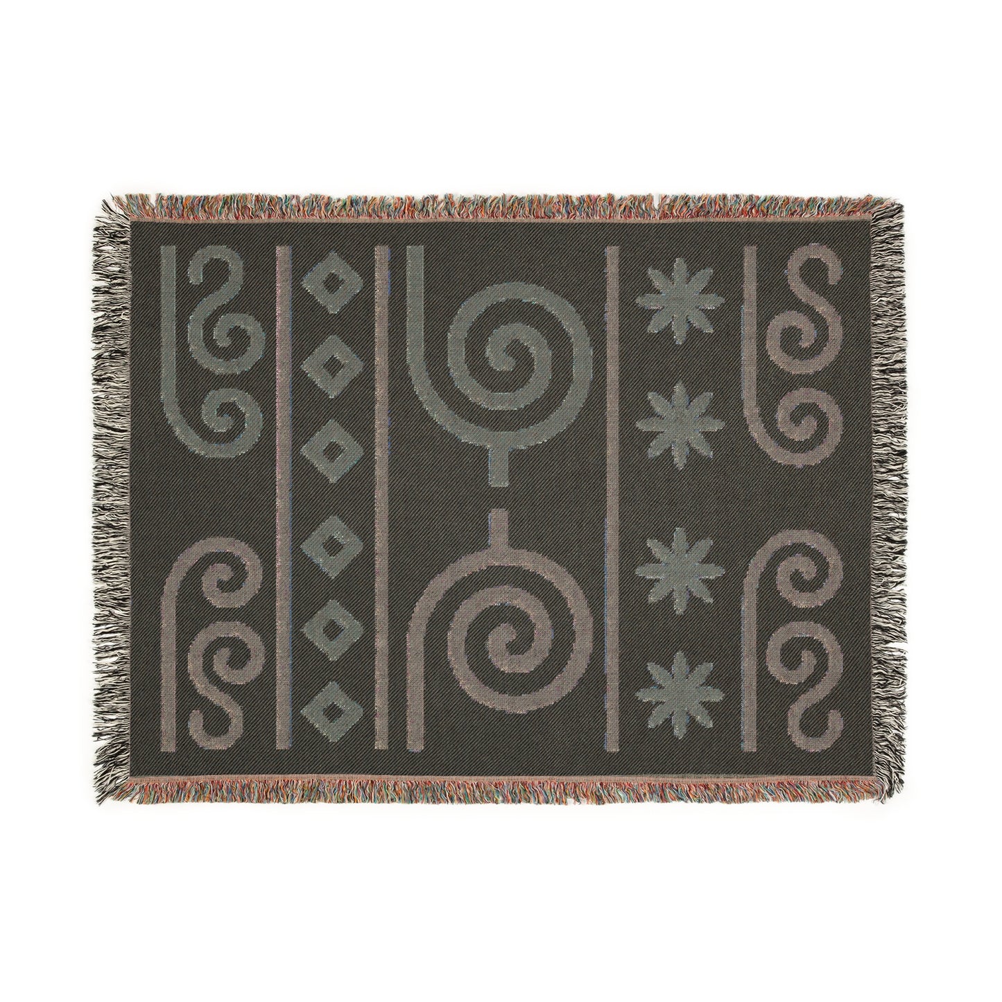 Cream, Teal and Cocoa Boho Spiral & Diamond Woven Throw Blanket - Illyrian Weave