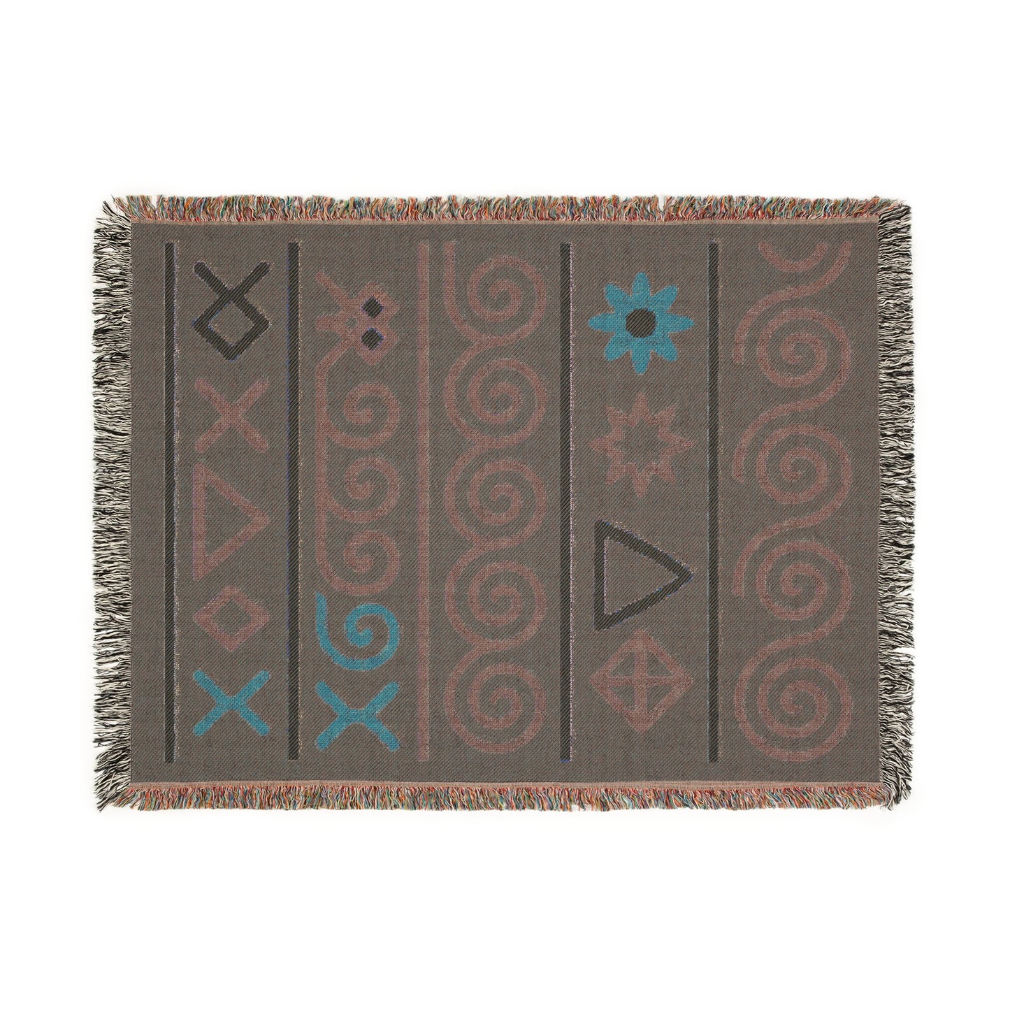 Forest Green, Teal & Golden Boho Tribal Symbol Woven Throw Blanket - Illyrian Weave