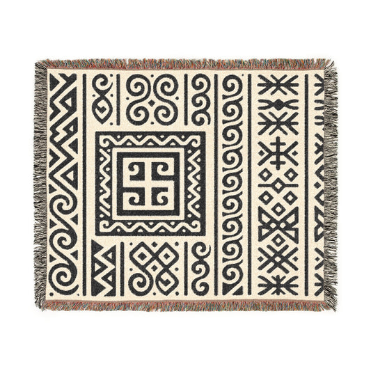 Cream & Charcoal Boho Heritage Geometric Woven Throw Blanket - Illyrian Weave