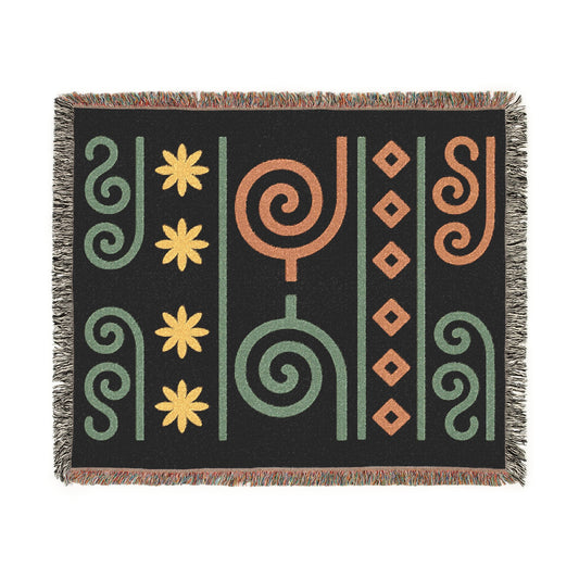 Black, Sage and Terracotta Boho Spiral & Diamond Woven Throw Blanket - Illyrian Weave