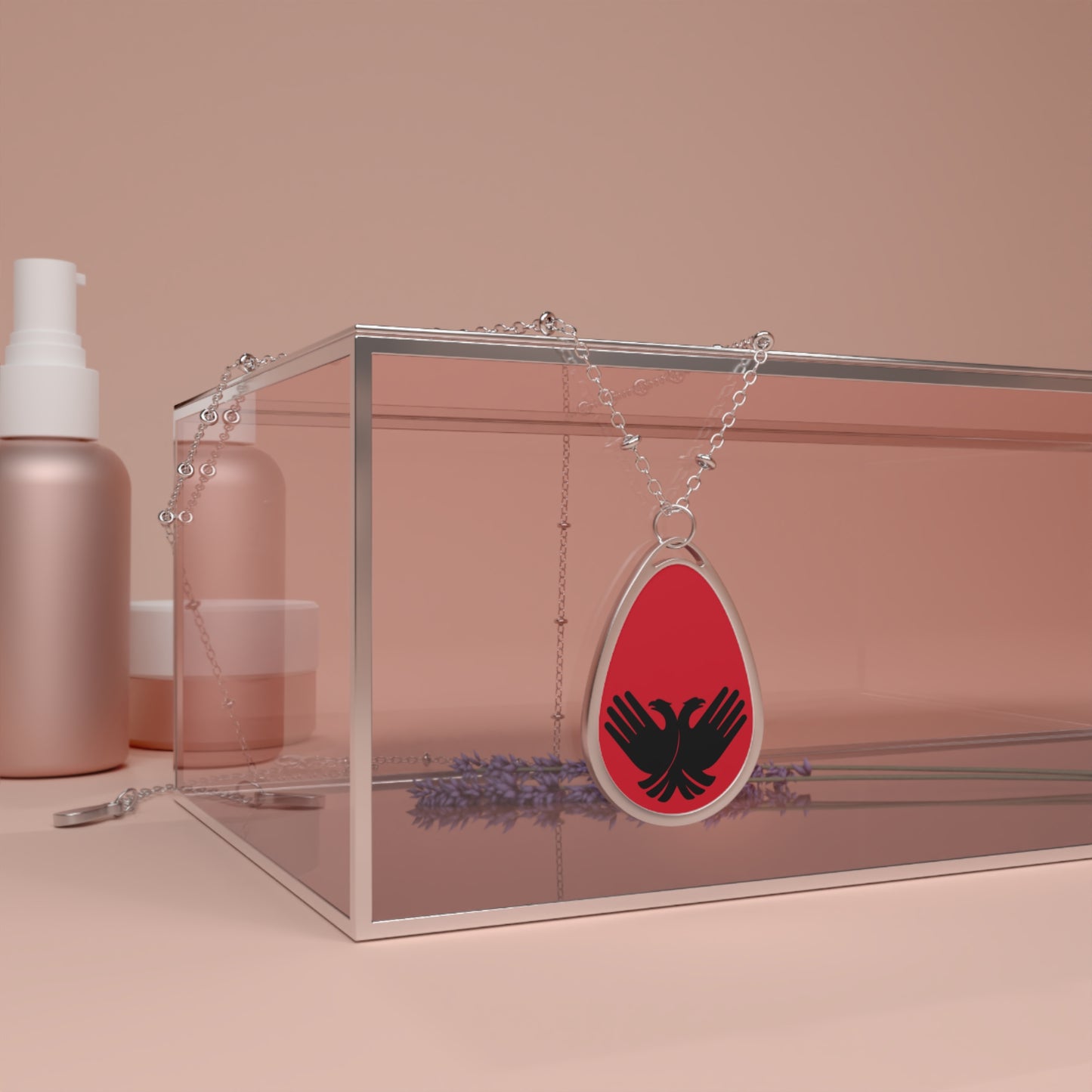 Oval Necklace, Albanian Heritage Pendant Jewelry Gift, Patriotic Necklace, Red Background, Eagle Gesture