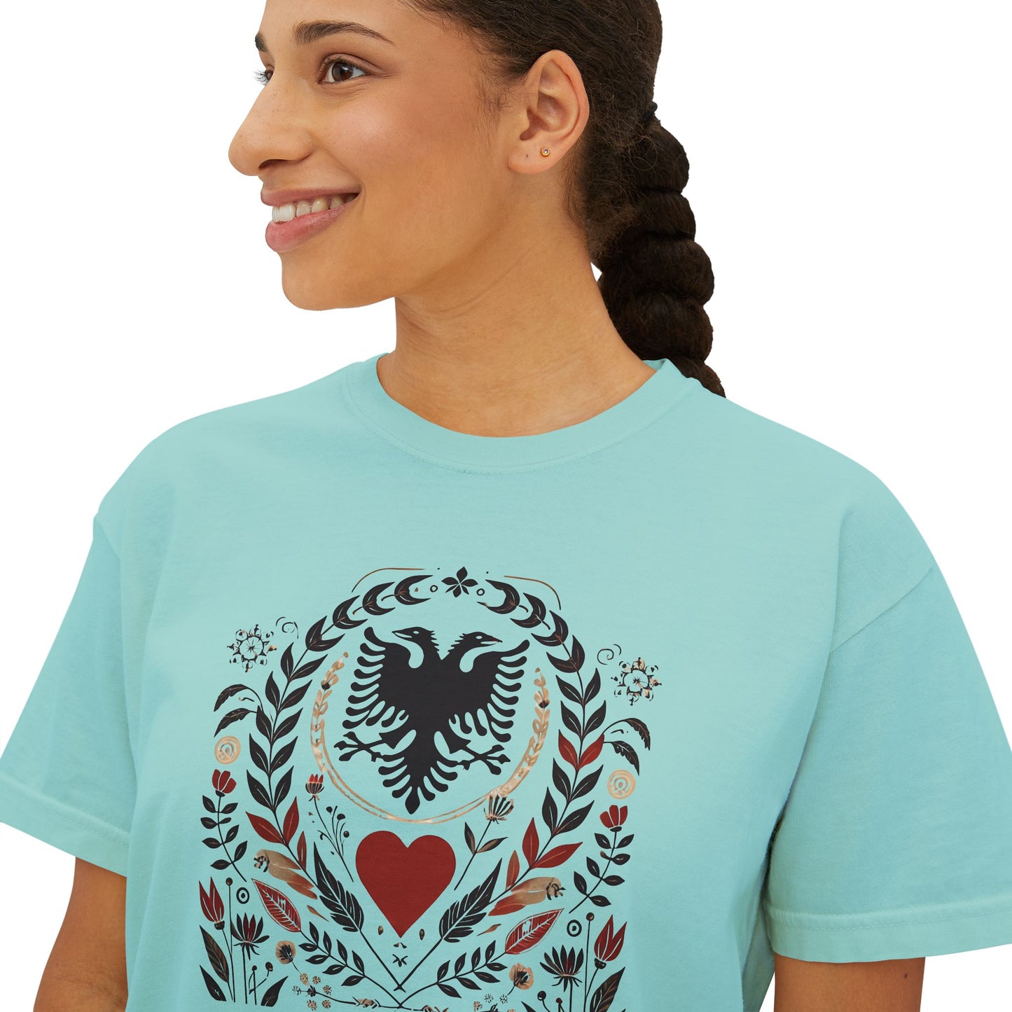 Albanian Heritage Tee – Double-Headed Eagle & Heart | Folk Art Oversized Boxy Fit