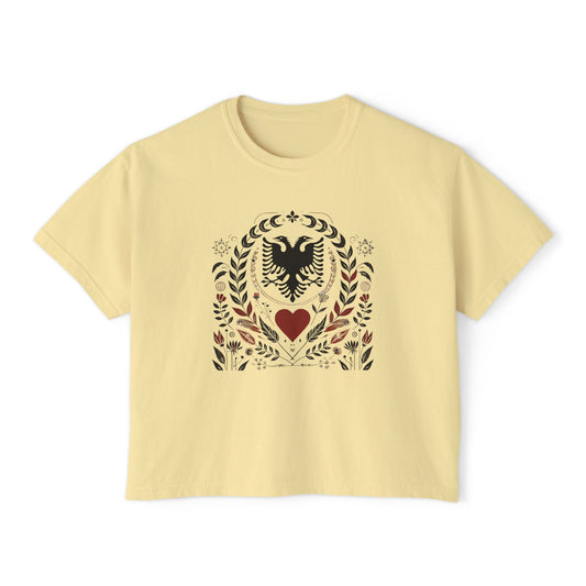 Albanian Heritage Tee – Double-Headed Eagle & Heart | Folk Art Oversized Boxy Fit