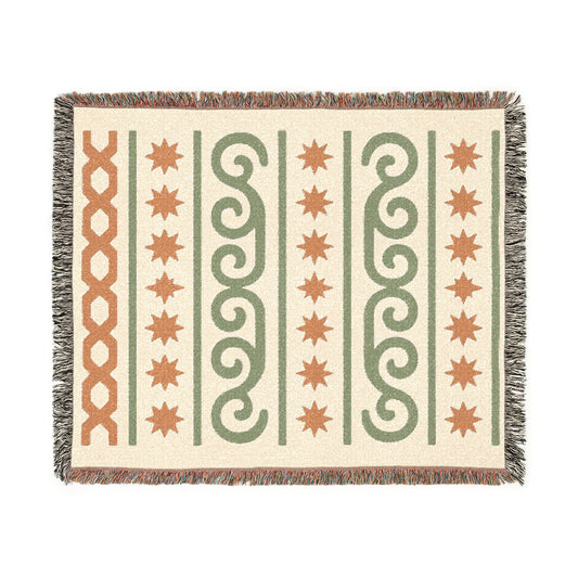 Cream, Sage and Terracotta Boho Star & Wave Woven Throw Blanket - Illyrian Weave