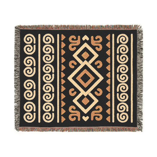 Black, Gold & Cream Boho Diamond Spiral Woven Throw Blanket - Illyrian Weave