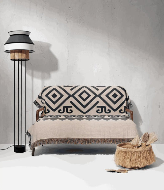 Cream & Deep Navy Boho Diamond and Spiral Woven Throw Blanket - Illyrian Weave