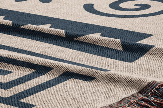 Cream & Deep Navy Boho Floral and Geometric Woven Throw Blanket - Illyrian Weave