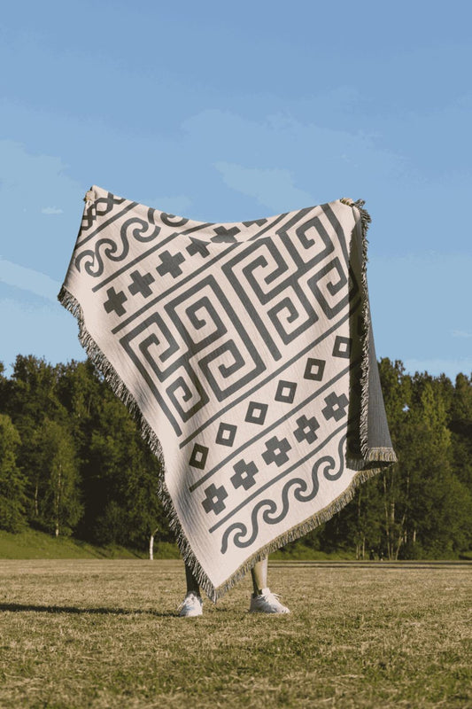 Cream & Charcoal Boho Cross and Maze Geometric Woven Throw Blanket - Illyrian Weave