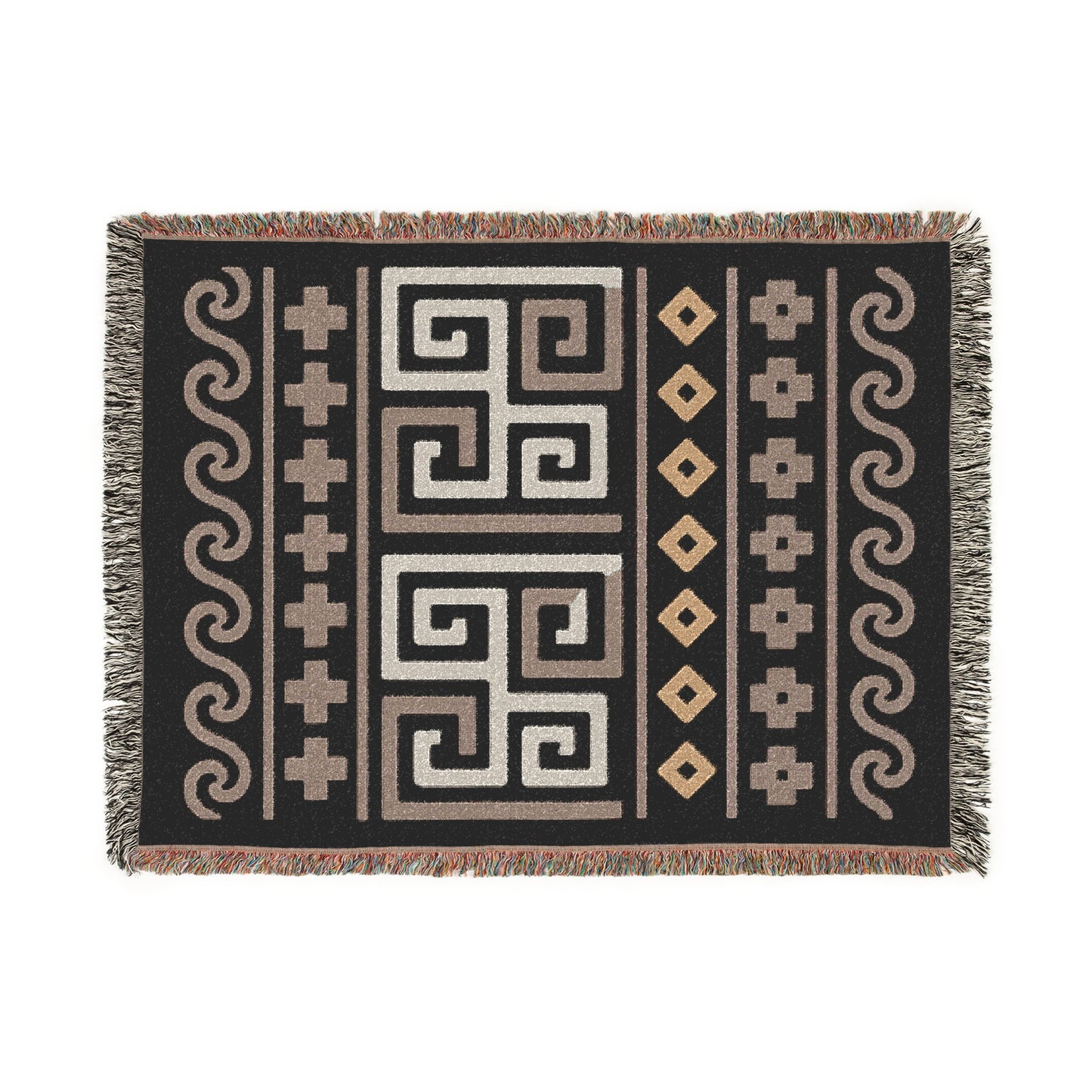 Illyrian Boho Weave - Night Labyrinth Woven Throw Blanket in Sand, Taupe & Onyx