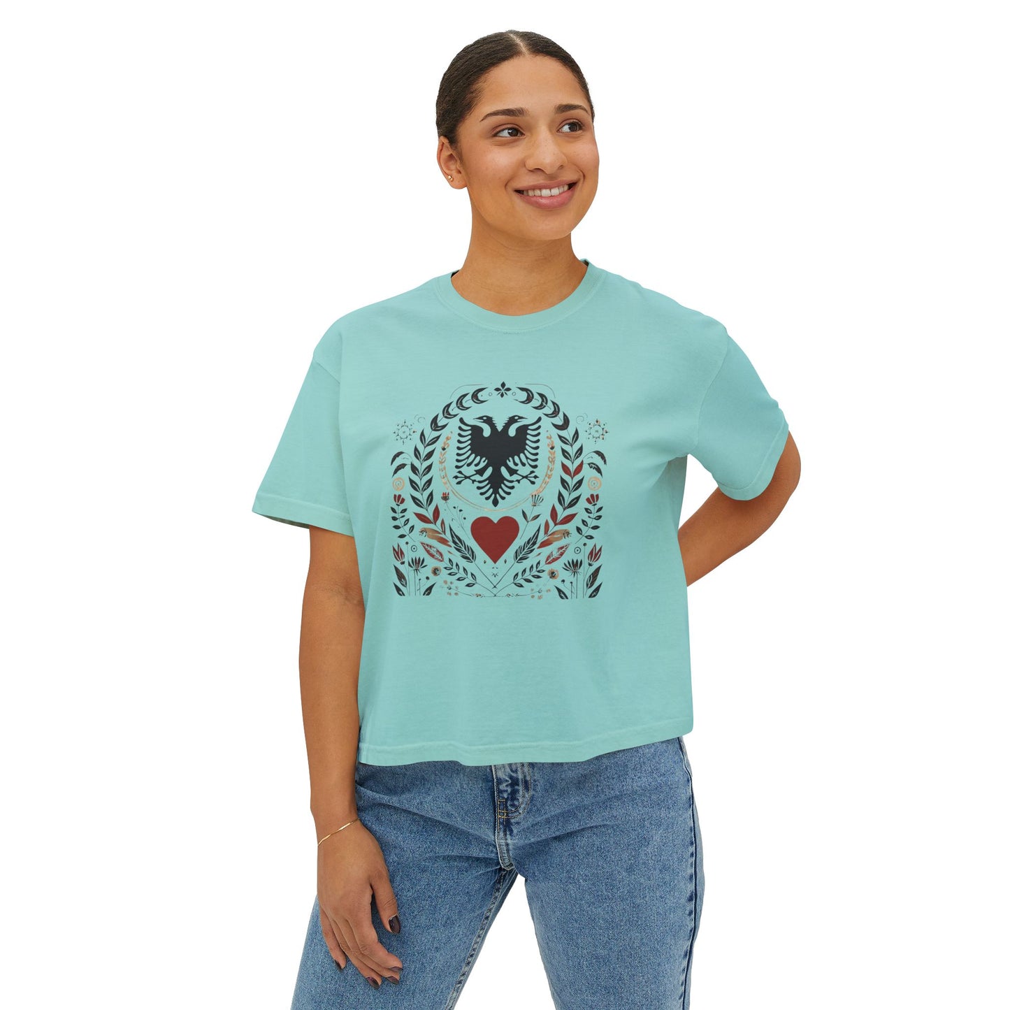 Albanian Heritage Tee – Double-Headed Eagle & Heart | Folk Art Oversized Boxy Fit