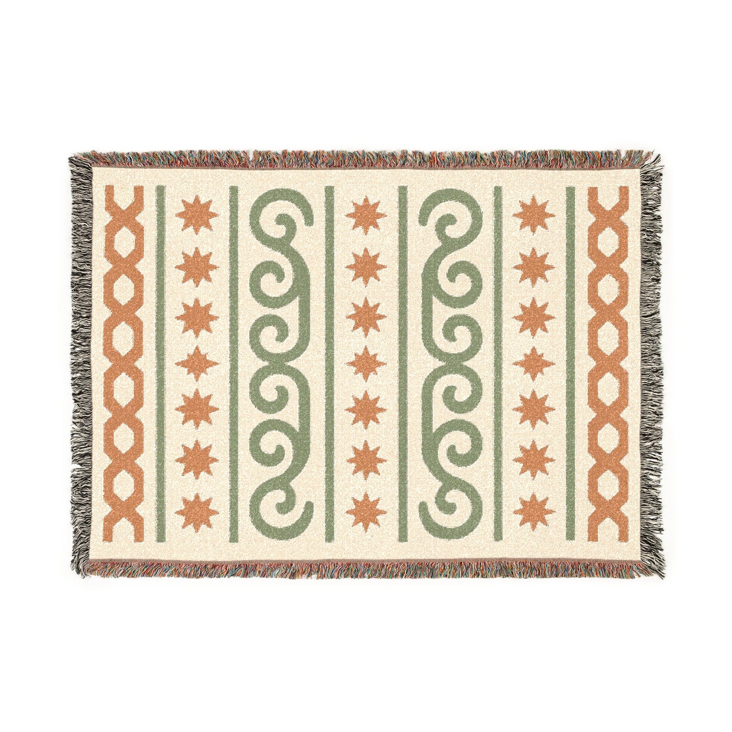 Cream, Sage and Terracotta Boho Star & Wave Woven Throw Blanket - Illyrian Weave