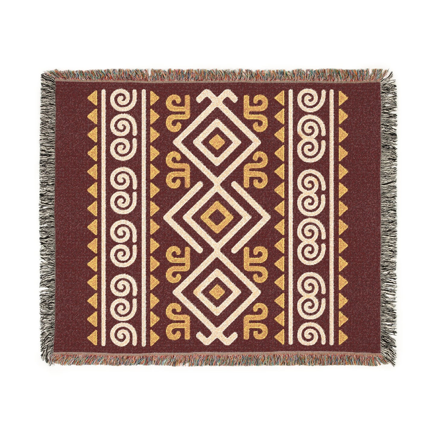 Burgundy, Gold & Cream Boho Tribal Diamond Woven Throw Blanket - Illyrian Weave