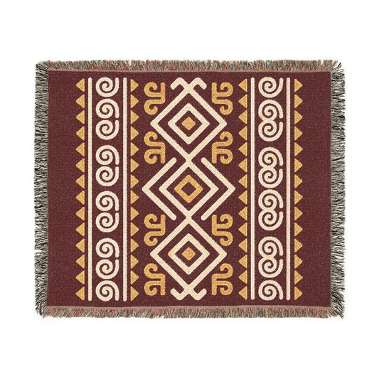 Burgundy, Gold & Cream Boho Tribal Diamond Woven Throw Blanket - Illyrian Weave
