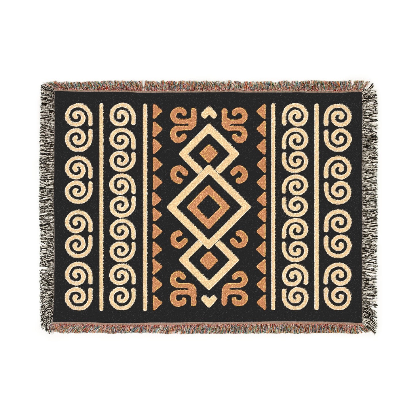 Black, Gold & Cream Boho Diamond Spiral Woven Throw Blanket - Illyrian Weave