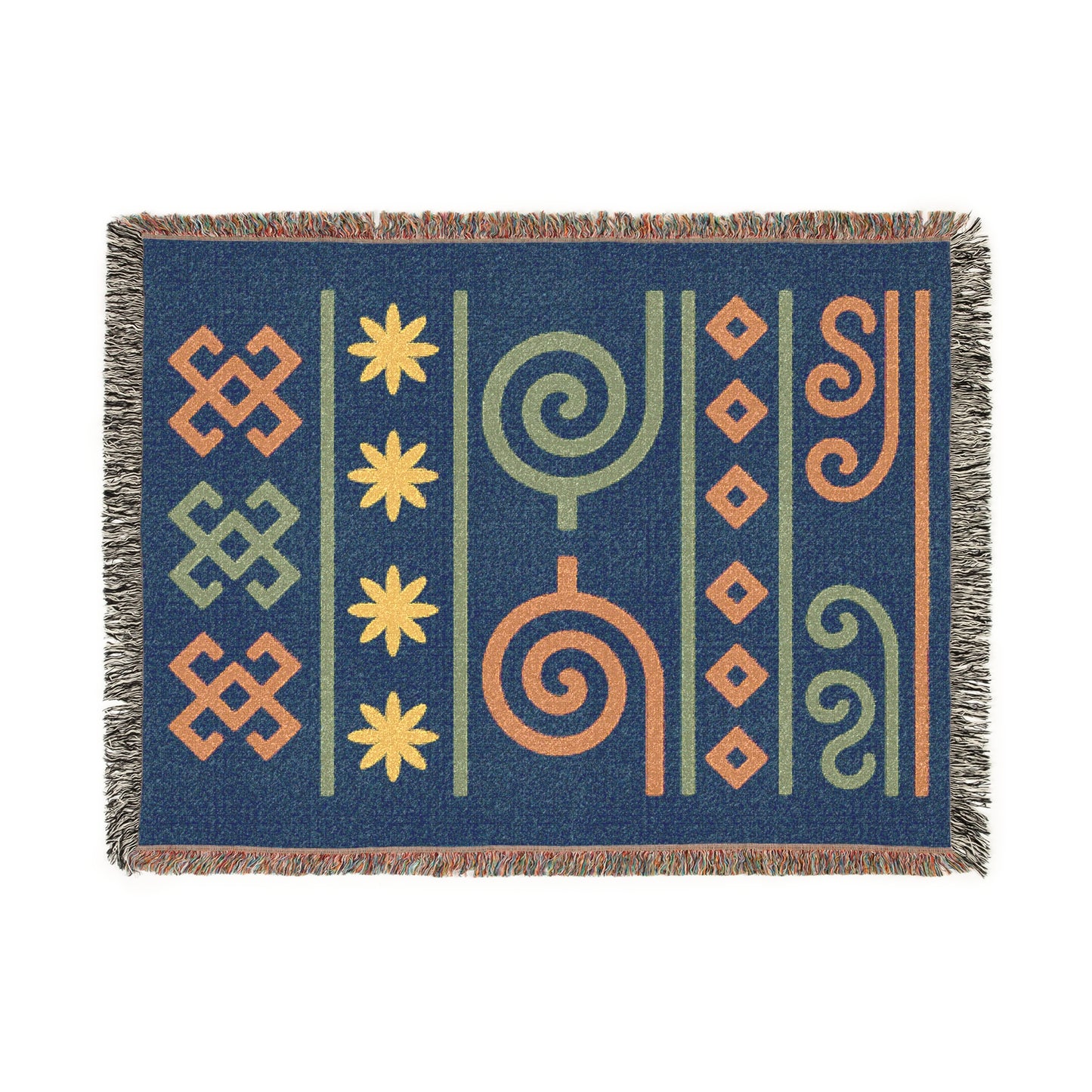 Navy, Terracotta & Sage Boho Tribal Symbol Woven Throw Blanket - Illyrian Weave