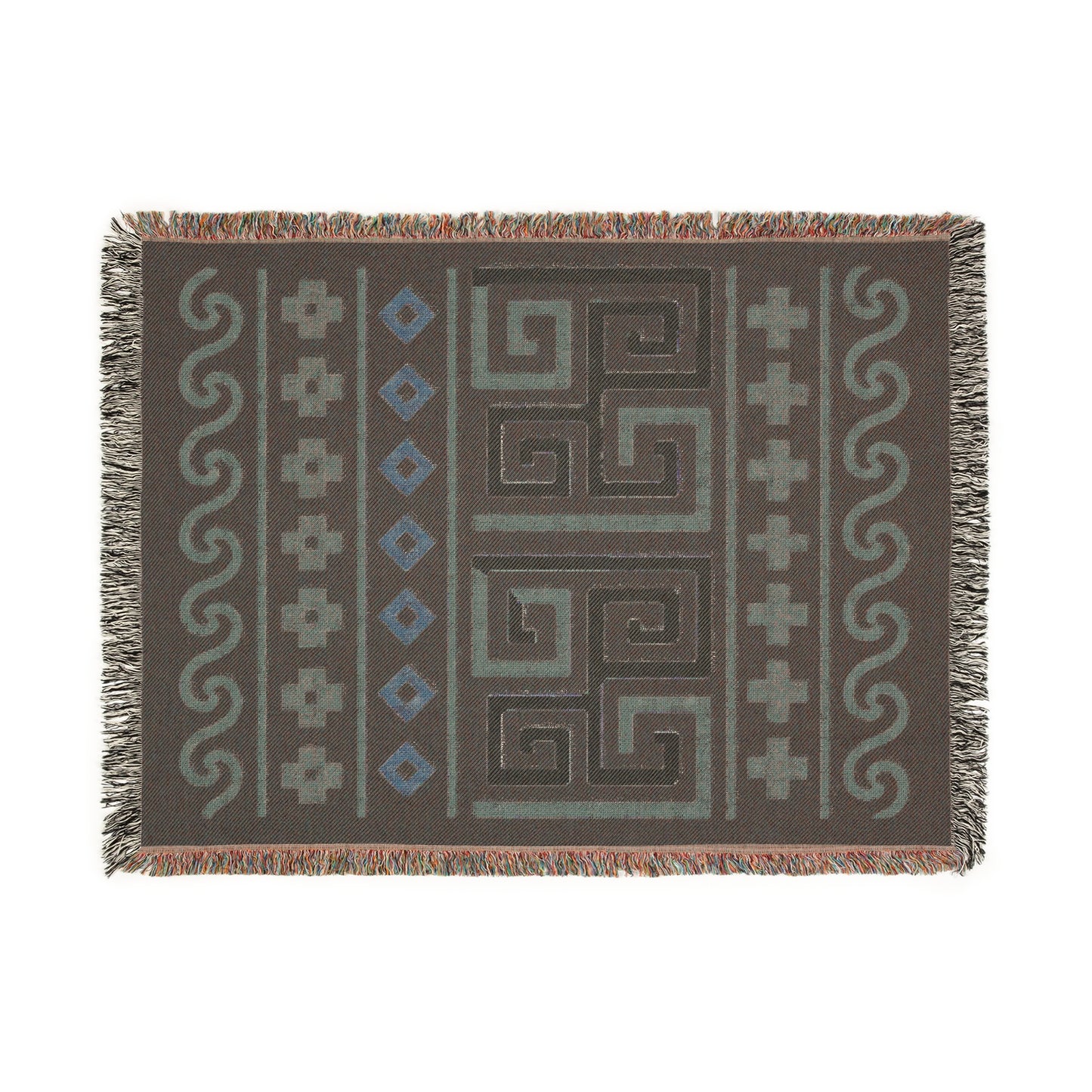 Illyrian Boho Weave - Night Labyrinth Woven Throw Blanket in Sand, Taupe & Onyx