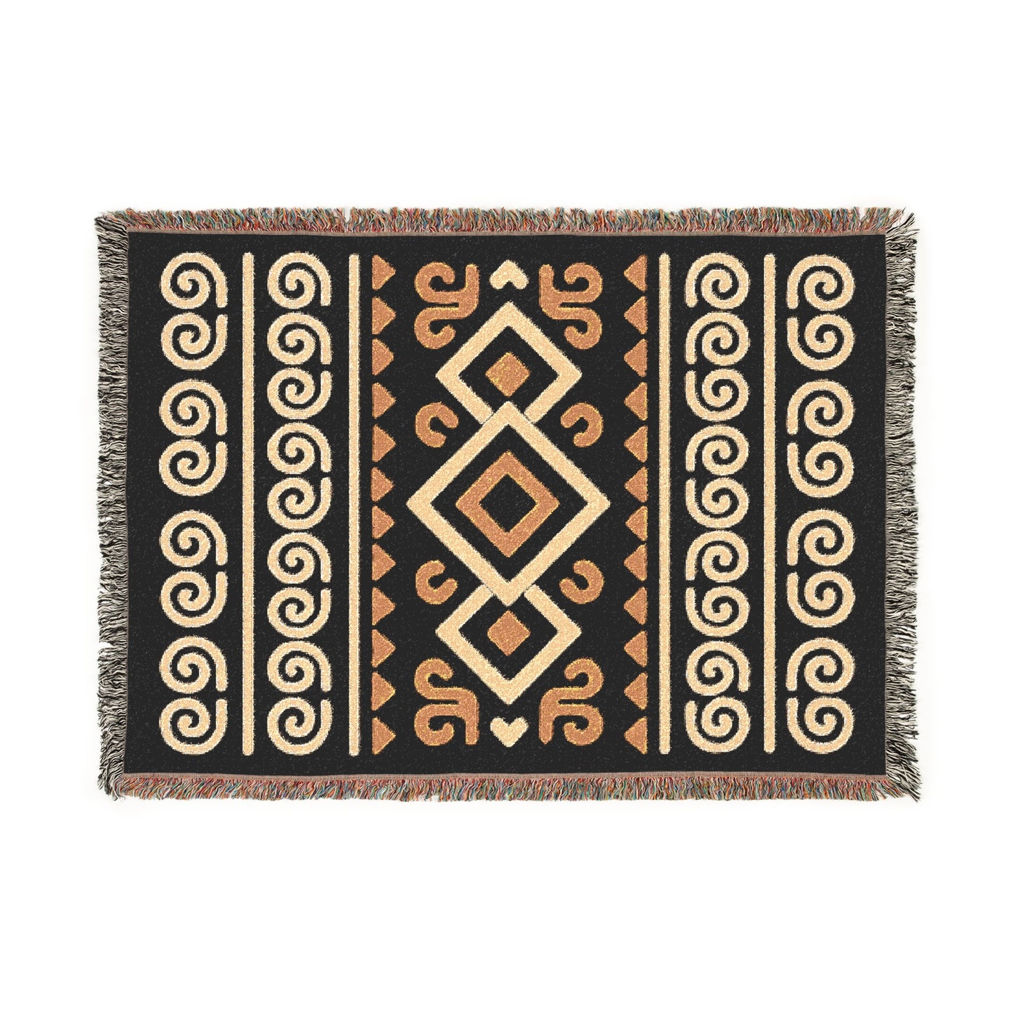 Black, Gold & Cream Boho Diamond Spiral Woven Throw Blanket - Illyrian Weave