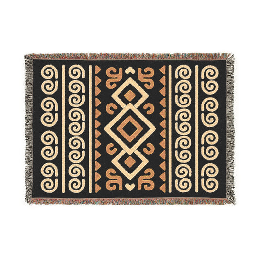 Black, Gold & Cream Boho Diamond Spiral Woven Throw Blanket - Illyrian Weave