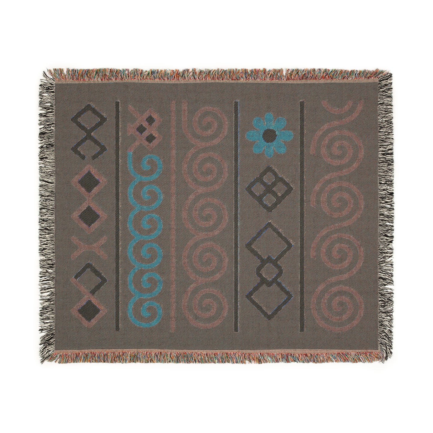 Forest Green, Teal & Sunset Boho Geometric Symbol Woven Throw Blanket - Illyrian Weave