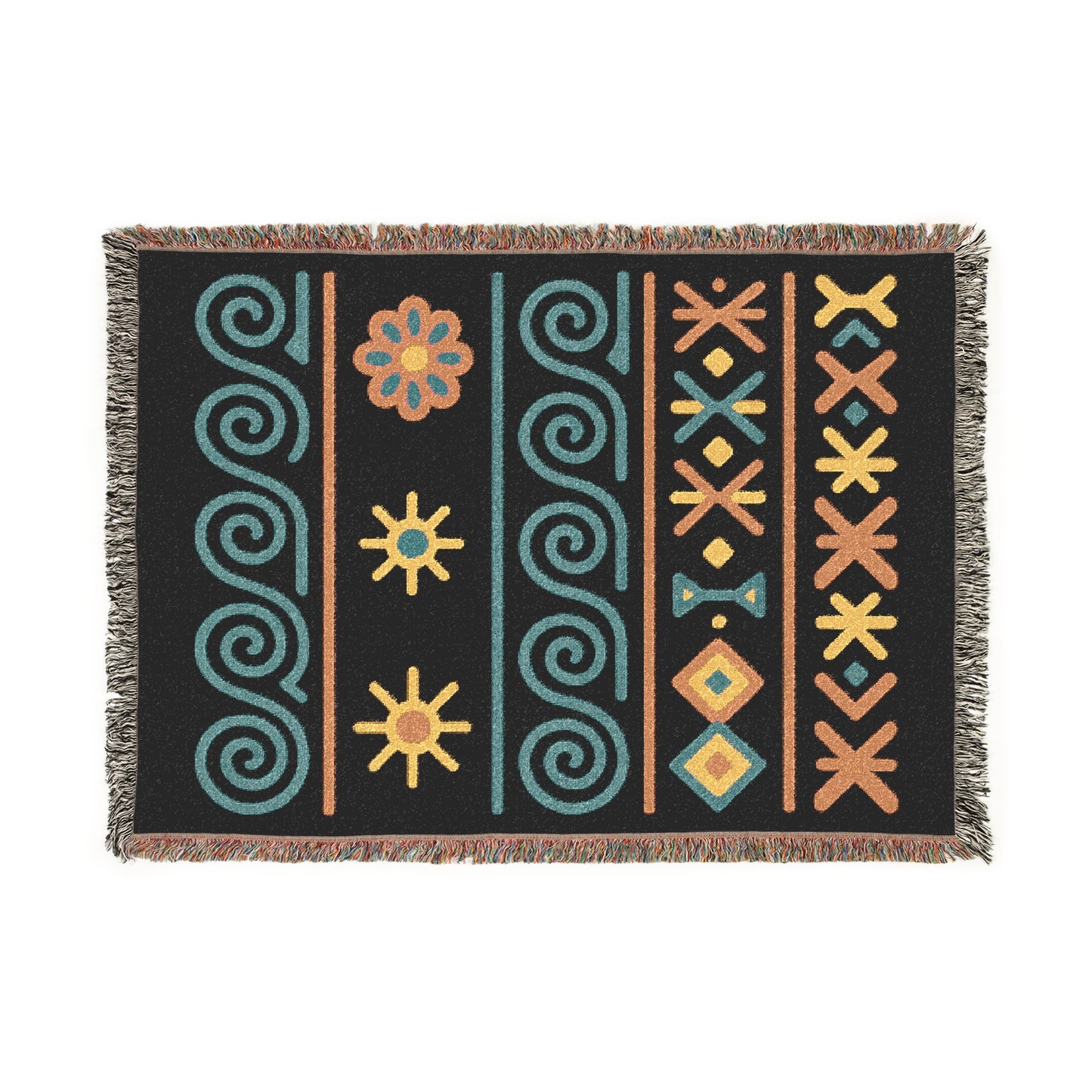 Black, Teal and Sunset Boho Sunburst Symbol Woven Throw Blanket - llyrian Weave