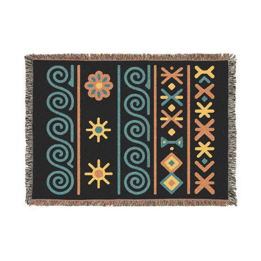 Black, Teal and Sunset Boho Sunburst Symbol Woven Throw Blanket - llyrian Weave
