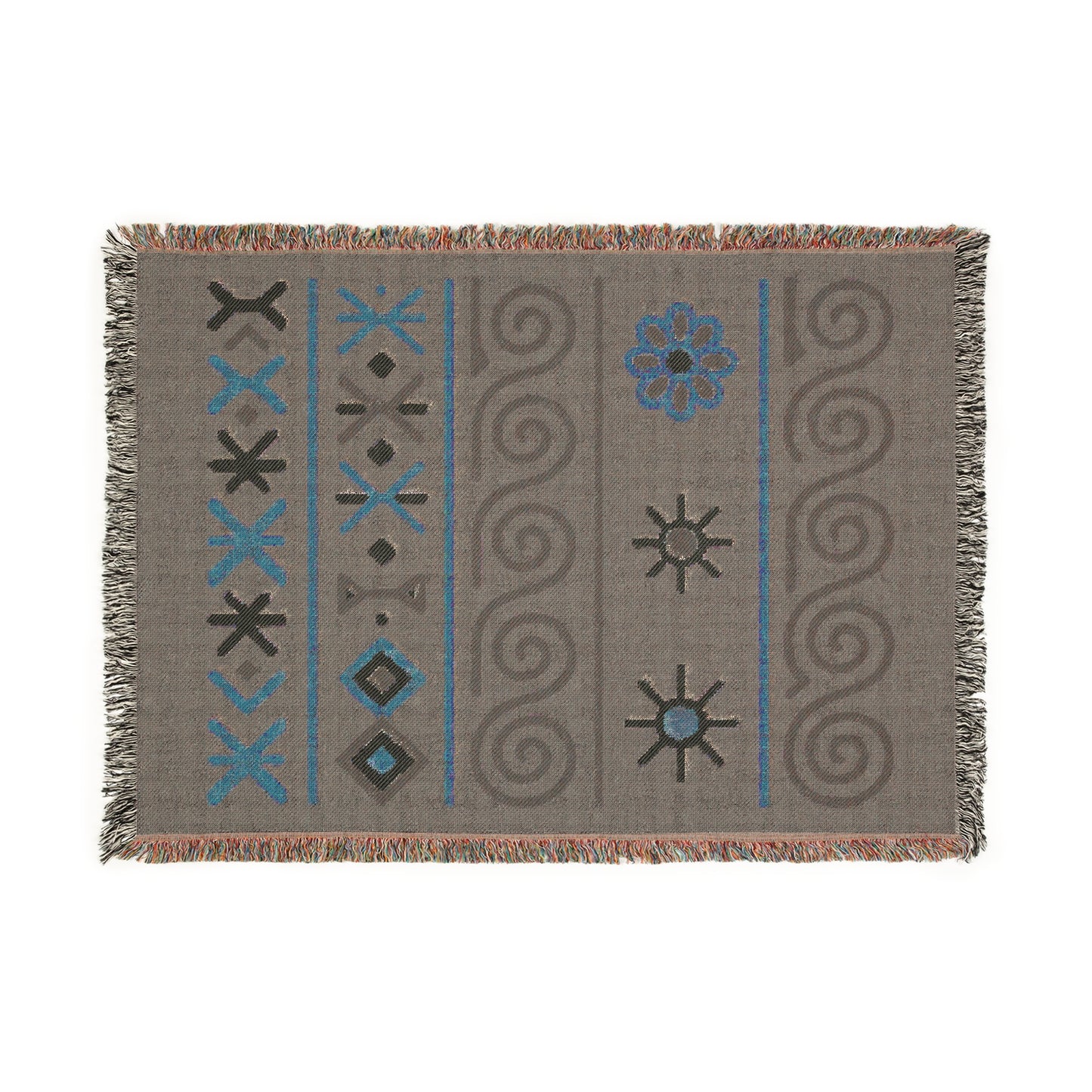 Sage Green, Black & Sand Boho Sunburst Symbol Woven Throw Blanket - llyrian Weave