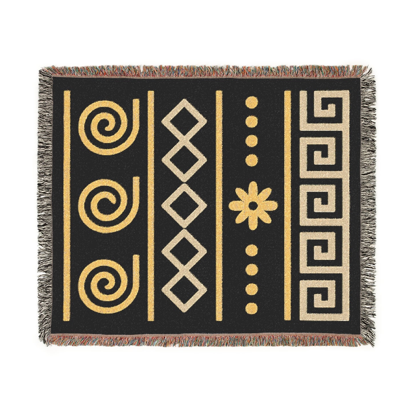 Illyrian Weave - Boho Golden Spiral Woven Throw Blanket in Ochre & Onyx