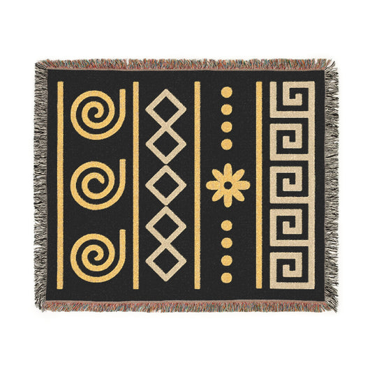 Illyrian Weave - Boho Golden Spiral Woven Throw Blanket in Ochre & Onyx