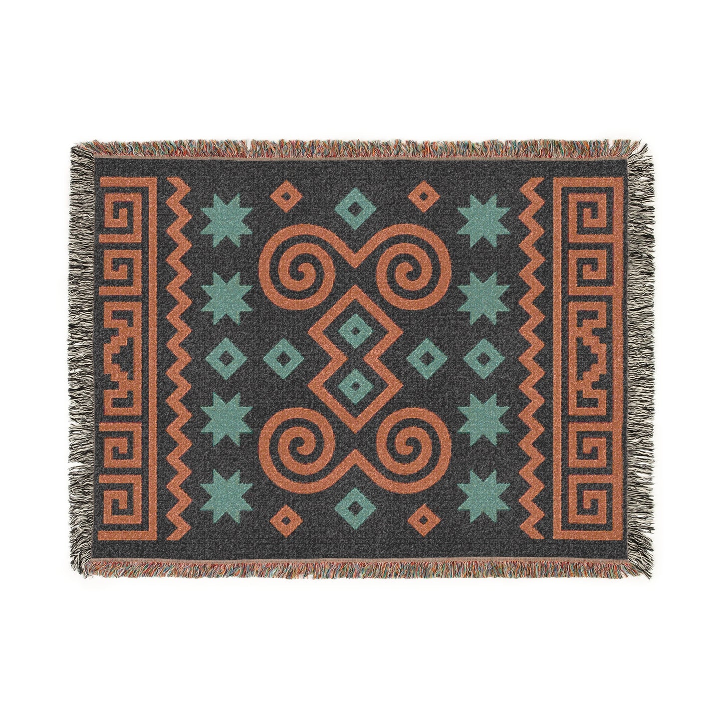 Black, Terracotta and Sage Boho Geometric Spiral Woven Throw Blanket - Illyrian Weave
