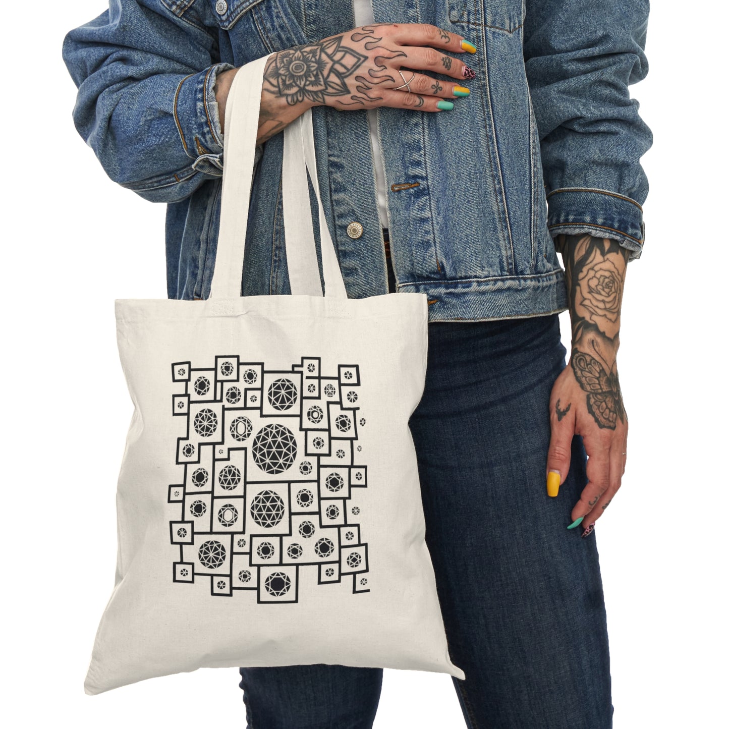 Geometric Heritage Tote Bag - Black & White Pattern