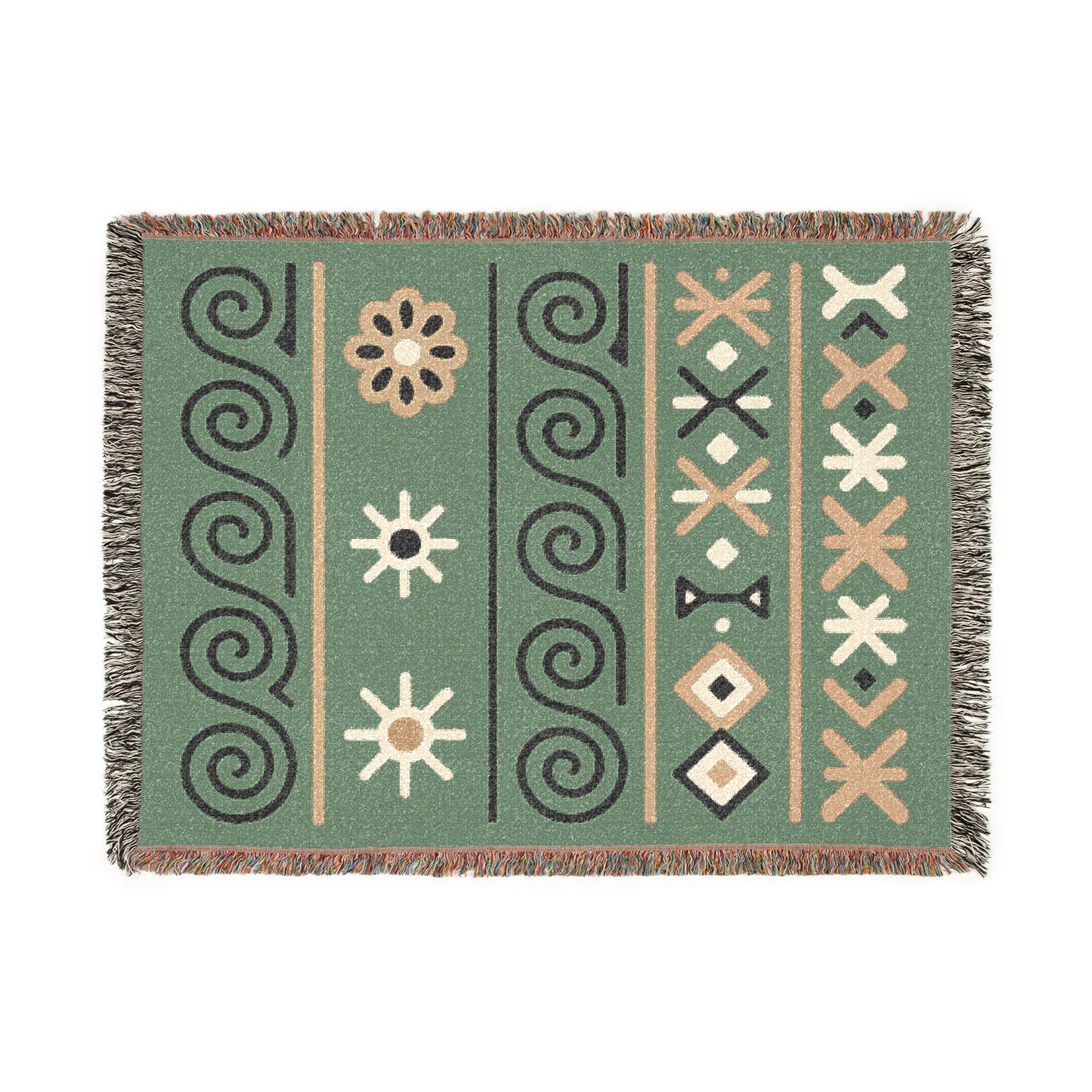 Sage Green, Black & Sand Boho Sunburst Symbol Woven Throw Blanket - llyrian Weave