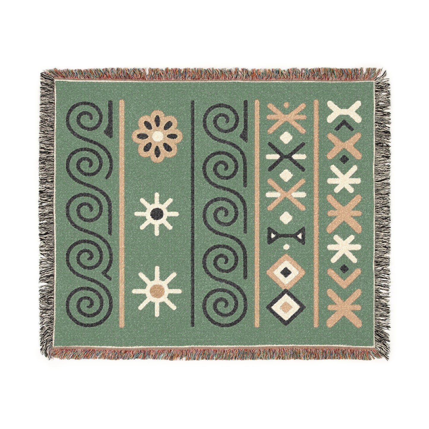 Sage Green, Black & Sand Boho Sunburst Symbol Woven Throw Blanket - llyrian Weave