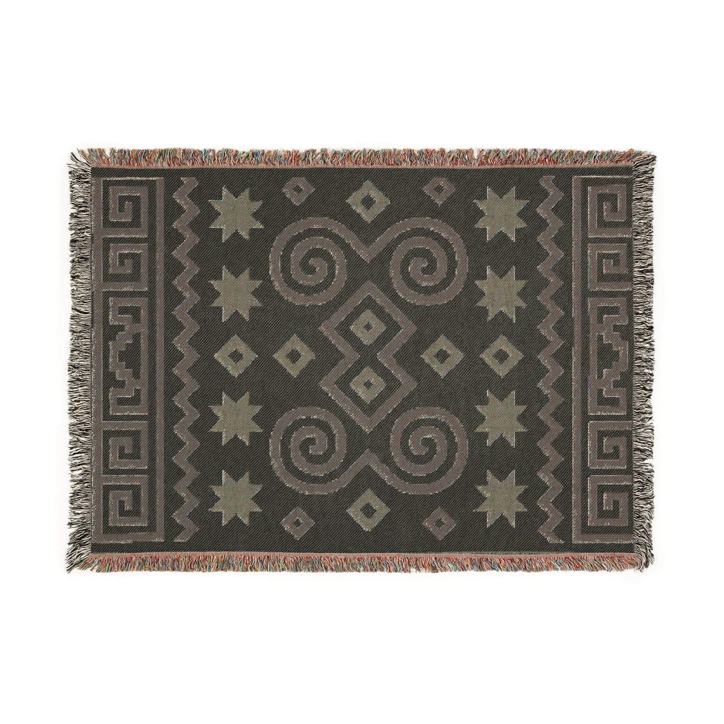 Cream & Charcoal Boho Geometric Spiral Woven Throw Blanket - Illyrian Weave