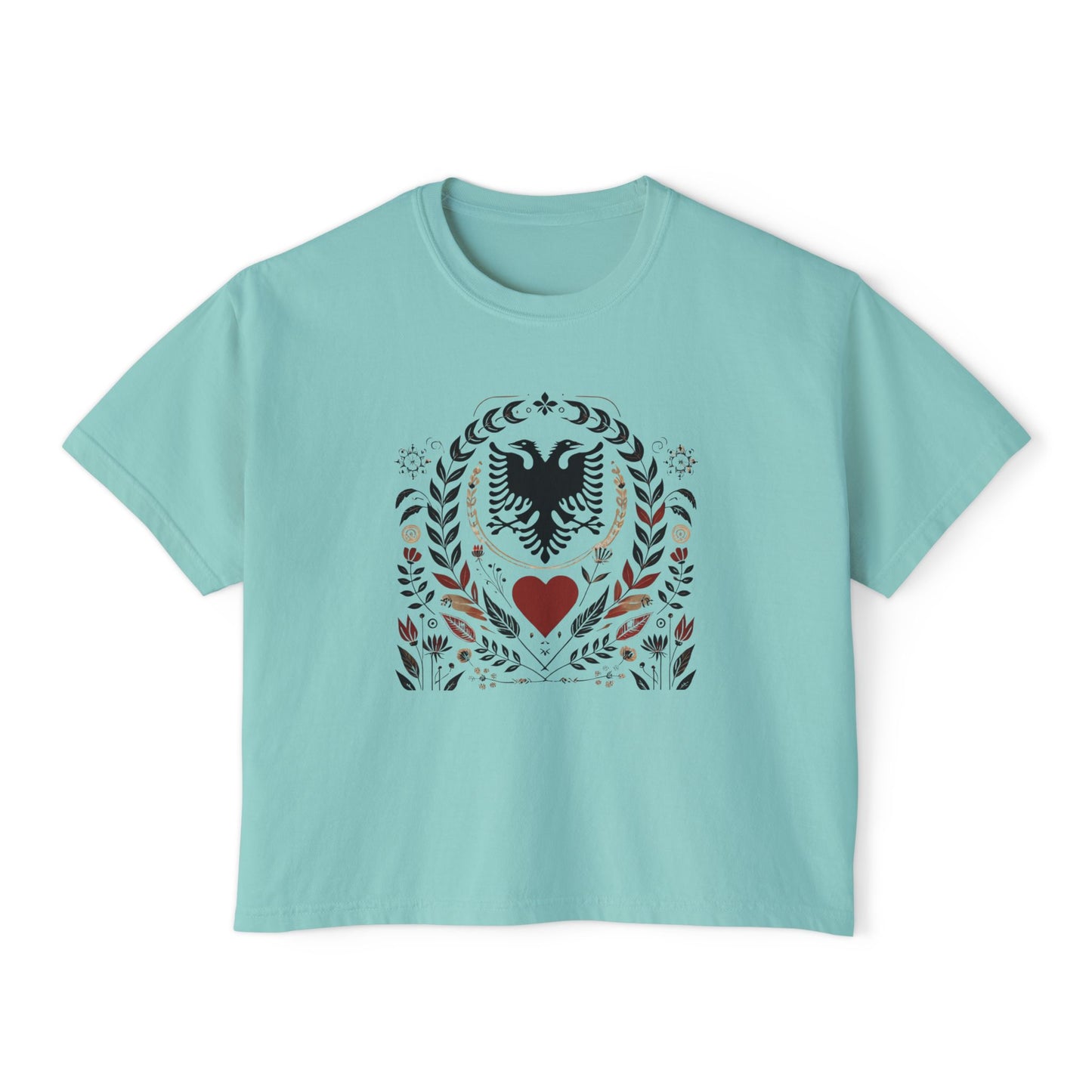 Albanian Heritage Tee – Double-Headed Eagle & Heart | Folk Art Oversized Boxy Fit