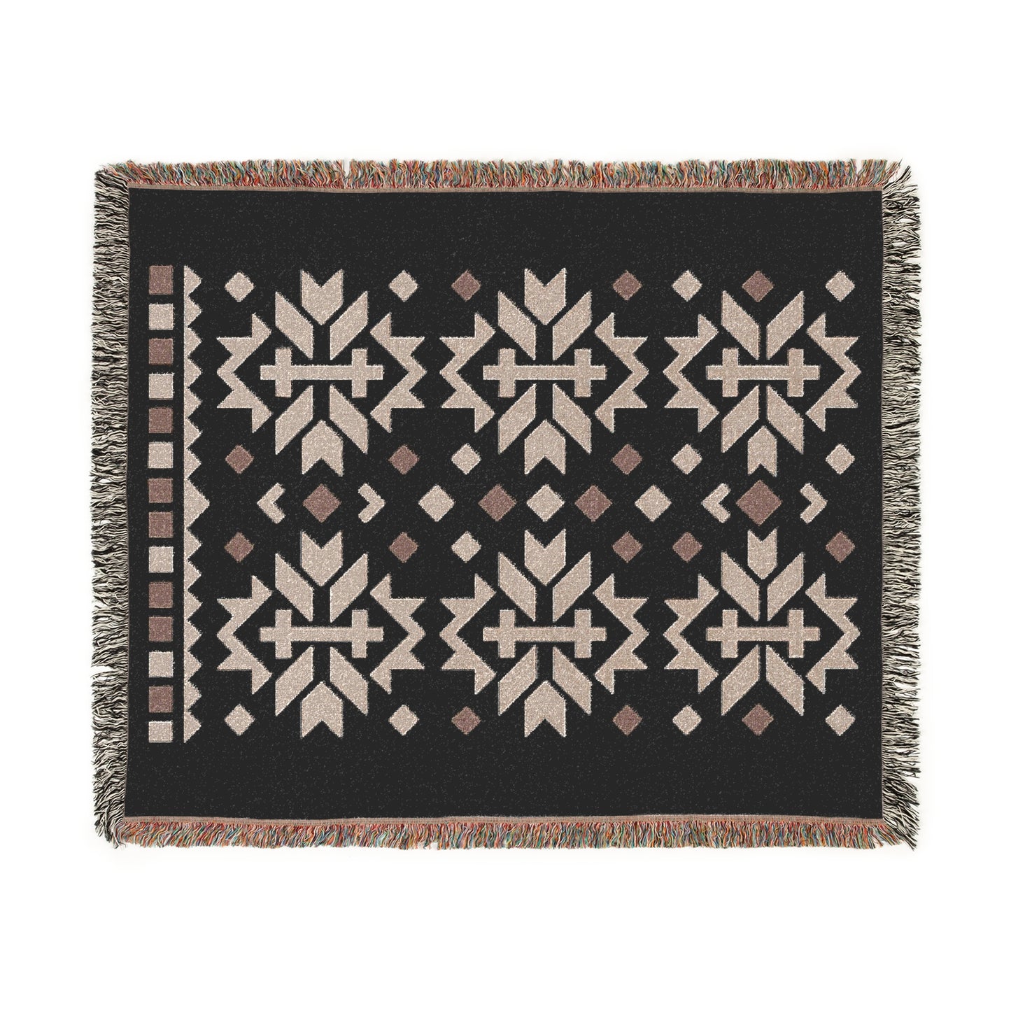 Taupe, Stone & Cream Boho Folk Cross Pattern Woven Throw Blanket - Illyrian Weave