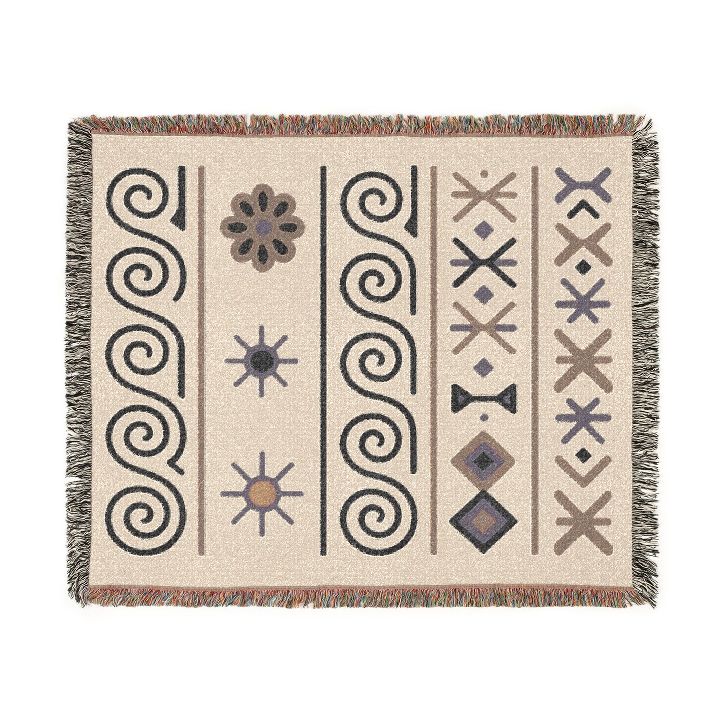 Copy of Cream, Charcoal & Taupe Boho Sun and Geometric Woven Throw Blanket - Illyrian Weave