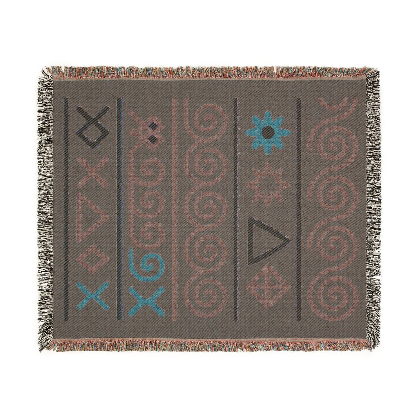 Forest Green, Teal & Golden Boho Tribal Symbol Woven Throw Blanket - Illyrian Weave
