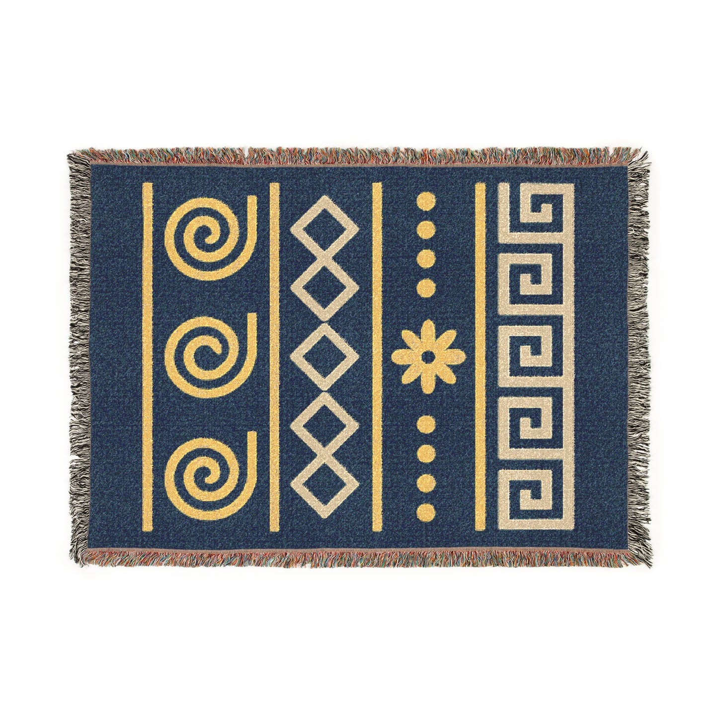 Illyrian Weave - Boho Golden Spiral Woven Throw Blanket in Ochre & Deep Blue